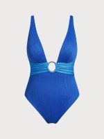 Blue V-Neck Ring Plus Size One-Piece Swimsuit - Image 6