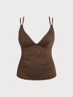 Dark Coffee Lace Ruched V-Neck Plus Size Tankini Top - Image 6