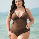 Dark Coffee Lace Ruched V-Neck Plus Size Tankini Top