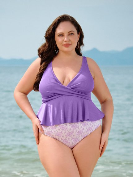 Purple Wrap Peplum Plus Size Tankini Top