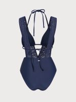Navy Lace Plunge Tie-Waist One-Piece Swimsuit - Image 7