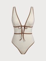 Off White V Neck Tie One-Piece Swimsuit - Image 7