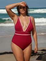 Red Contrast Plus Size One-Piece Swimsuit - Image 2