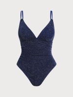 Blue Lurex Ruched Tummy Control Plus Size One Piece - Image 6