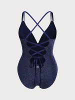 Blue Lurex Ruched Tummy Control Plus Size One Piece - Image 7