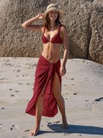 Wine Red Wrap Cover-Up Midi Skirt - Image 5