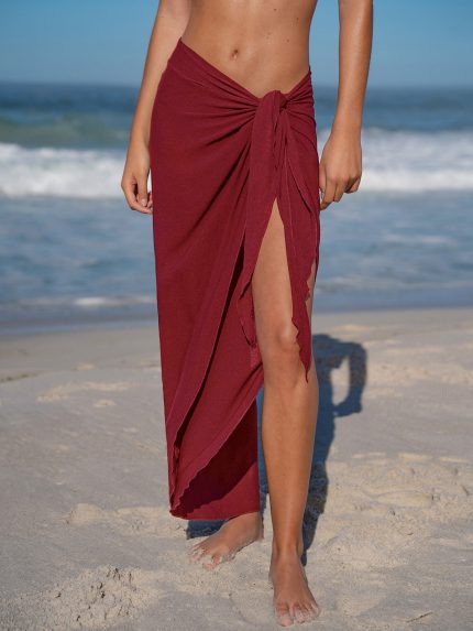 Wine Red Wrap Cover-Up Midi Skirt