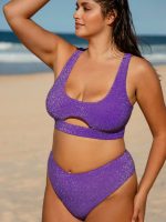 Purple Lurex Cut Out Plus Size Bikini Top - Image 3