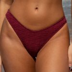 Wine Red Textured High Cut Bikini Bottom