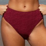 Wine Red Textured High Waisted Bikini Bottom