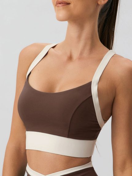 Coffee Contrast U Neck Sports Bra - Light Support