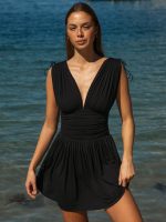 Black V Neck Ruched Beach Dress - Image 5