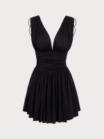 Black V Neck Ruched Beach Dress - Image 6