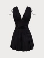 Black V Neck Ruched Beach Dress - Image 7