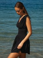 Black V Neck Ruched Beach Dress - Image 4