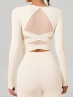 Cream Cross Mesh Back Long Sleeve Top--Light Support