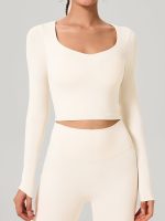 Cream Cross Mesh Back Long Sleeve Top--Light Support - Image 2