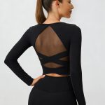 Black Cross Mesh Back Long Sleeve Top--Light Support