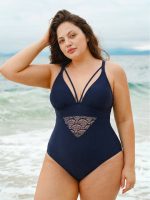 Navy Lace Strappy V-Neck Plus Size One-Piece