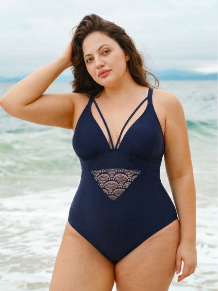 Navy Lace Strappy V-Neck Plus Size One-Piece