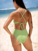 Light Green Textured Plunge One-Piece Swimsuit - Image 3