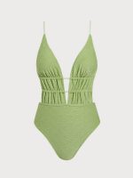 Light Green Textured Plunge One-Piece Swimsuit - Image 5