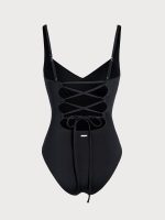 Black V-Neck Ruched Tummy Control One-Piece Swimsuit - Image 8