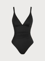 Black V Neck Petal-Back Tummy Control One-Piece - Image 7