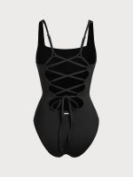 Black Square Neck Tummy Control One-Piece Swimsuit - Image 7