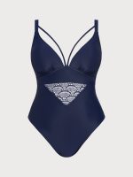 Navy Lace Strappy V-Neck Plus Size One-Piece - Image 5