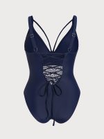 Navy Lace Strappy V-Neck Plus Size One-Piece - Image 6