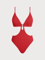 Red Plunge Neck Cutout One-Piece Swimsuit - Image 6