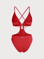 Red Plunge Neck Cutout One-Piece Swimsuit - Image 7
