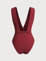Wine Red Plunge Belted One-Piece Swimsuit - Image 7