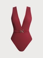 Wine Red Plunge Belted One-Piece Swimsuit - Image 6