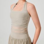 Apricot Halter Neck Ruched Mesh Crop Top