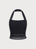 Black Halter Neck Ruched Mesh Crop Top - Image 10
