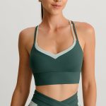 Dark Green Contrast V Neck Sports Bra- Light Support
