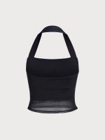Black Halter Neck Ruched Mesh Crop Top - Image 12