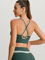 Dark Green Contrast V Neck Sports Bra- Light Support - Image 2