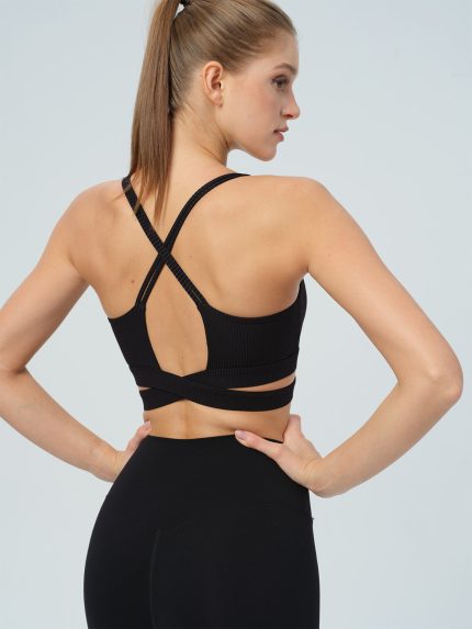 Black Ribbed Cross Strap Sports Cami