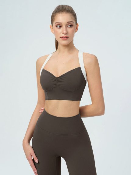 Dark Coffee Contrast Ruched Sports Bra