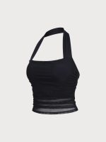 Black Halter Neck Ruched Mesh Crop Top - Image 11