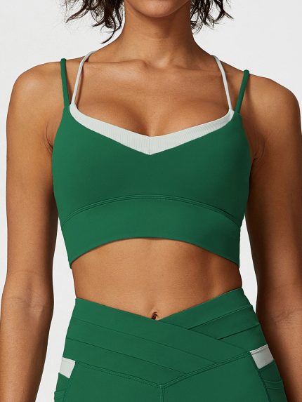 Green Contrast V Neck Sports Bra- Light Support