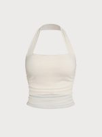 Cream Halter Neck Ruched Mesh Crop Top - Image 8