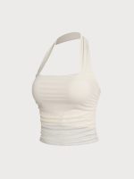 Cream Halter Neck Ruched Mesh Crop Top - Image 10