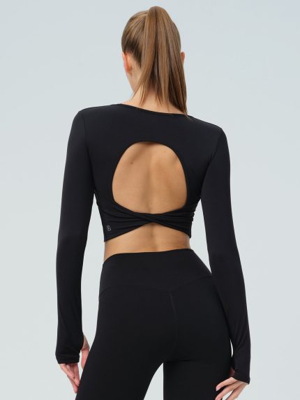 Black Twisted Back Cutout Long Sleeve Top