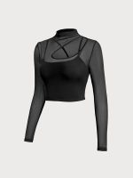 Black Mesh Cutout Long Sleeve Top--Light Support - Image 7