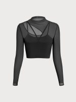 Black Mesh Cutout Long Sleeve Top--Light Support - Image 8