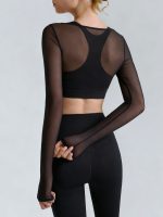 Black Mesh Ruched Crop Long Sleeve Top - Image 3